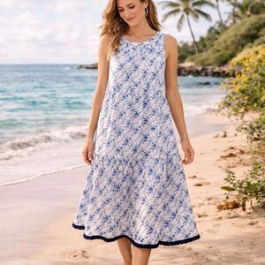 Vintage Sara Campbell Blue White Botanical Midi Dress M Resort Old Money Preppy